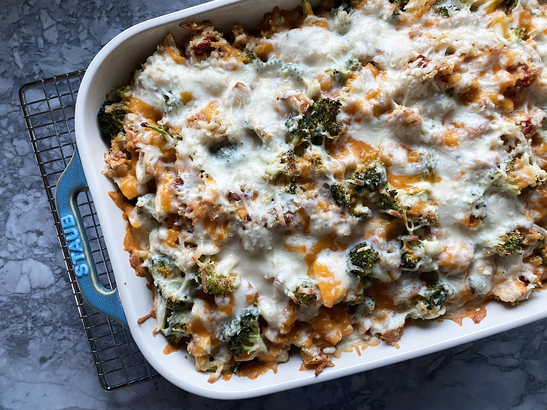 Roasted Broccoli, Chicken and Cheddar Quinoa Bake