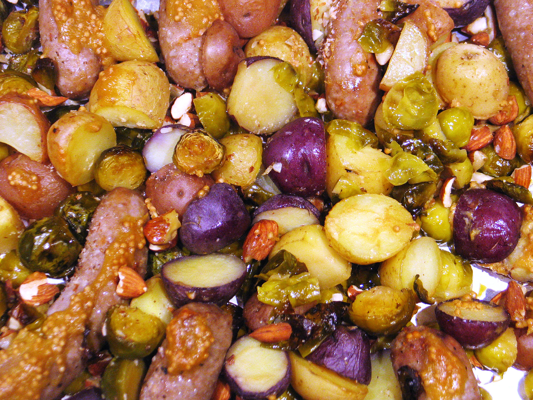 Sheet Pan Sausages and Brussels Sprouts (with Honey Mustard)