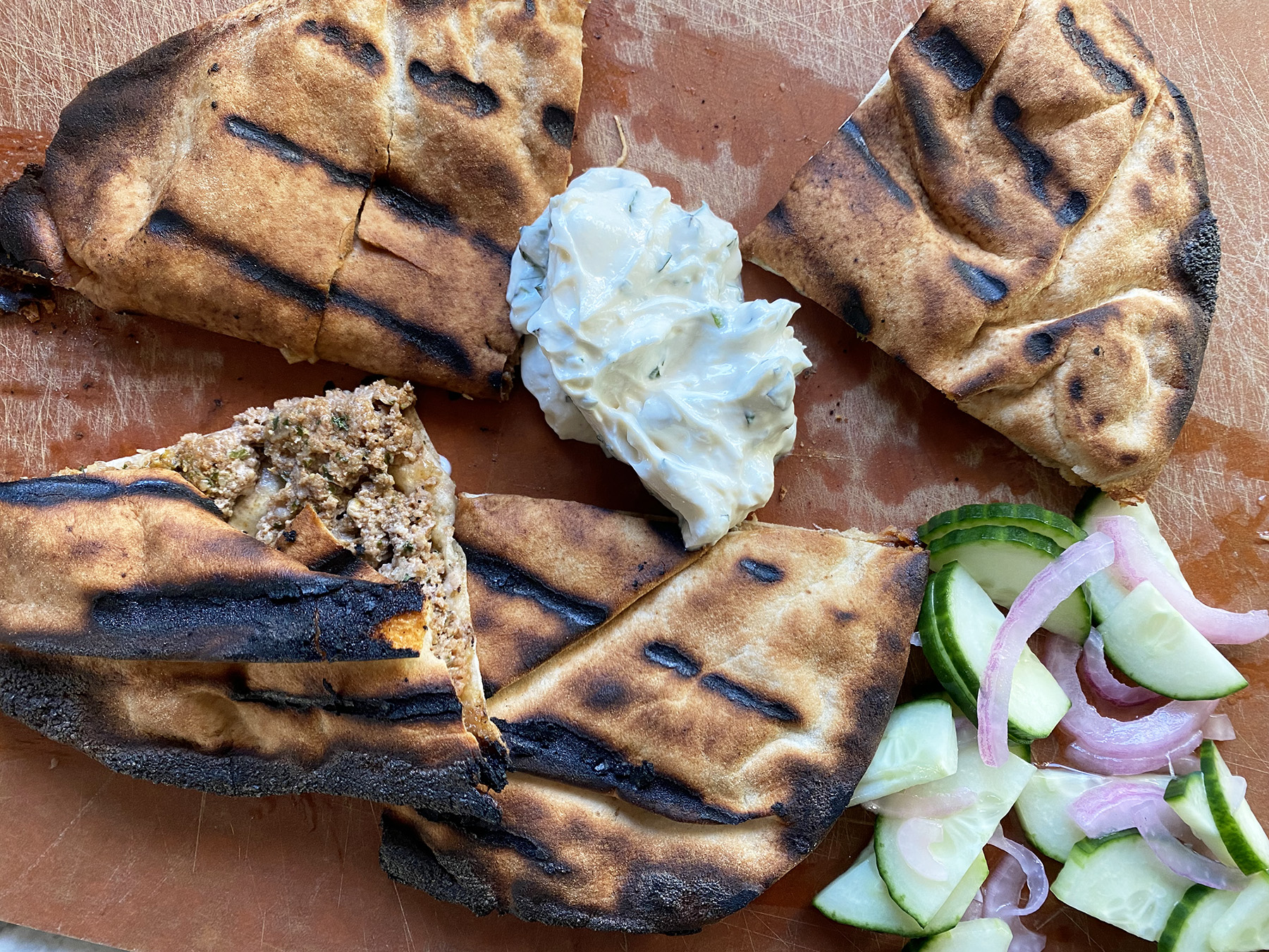 Grilled Lamb Stuffed Pitas (with Yogurt Sauce)