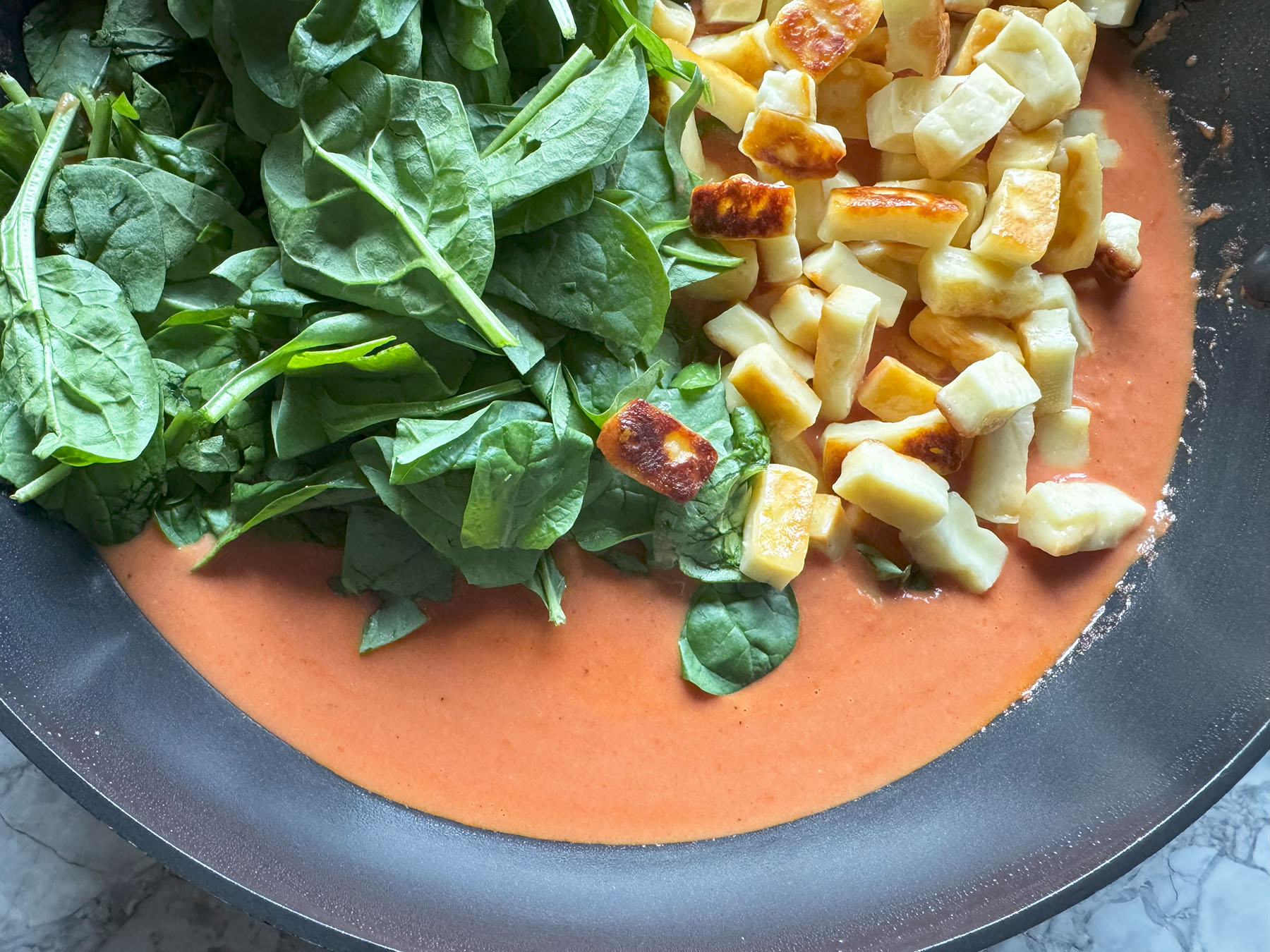 Halloumi, Tomato and Spinach Curry